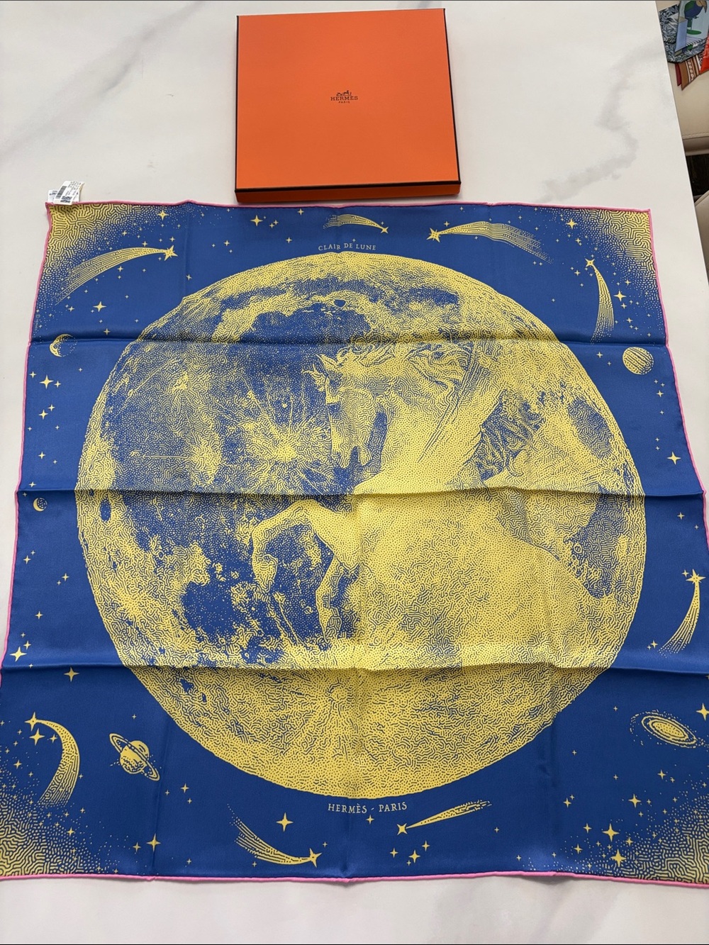 Hermes blue and yellow 'Clair de Lune' Silk Scarf